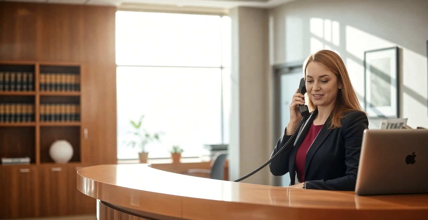 Law-firm reception answering client calls on a Pear Hosted-X cloud PBX handset