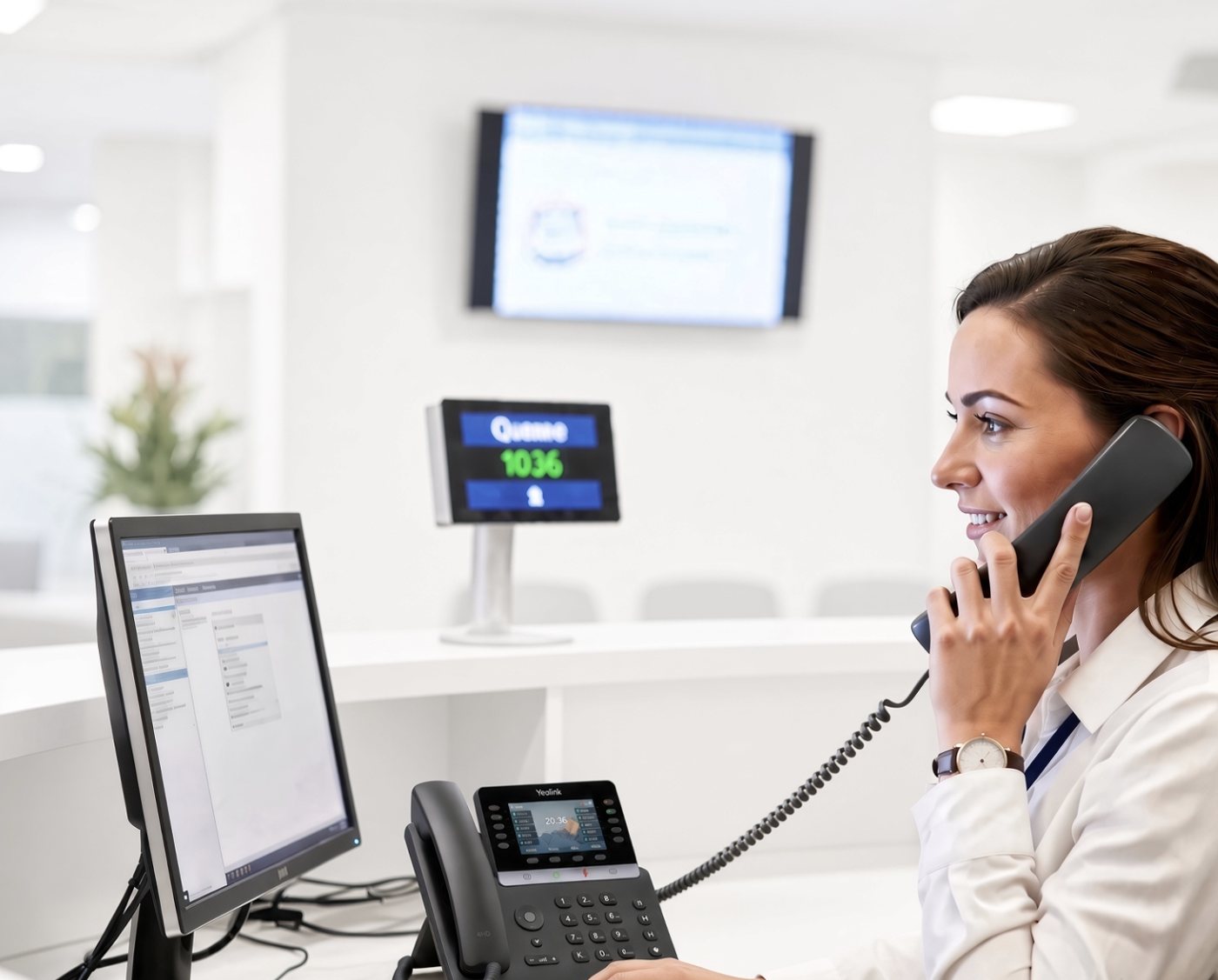 Medical receptionist answering a patient call on a Yealink handset running Pear Hosted-X