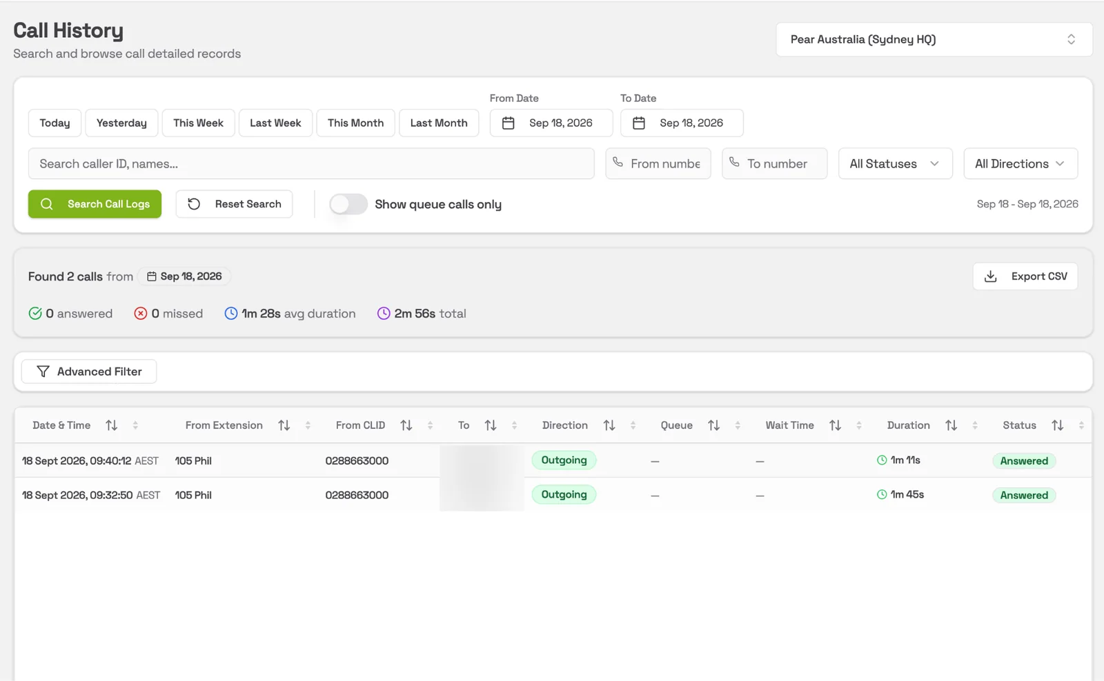 Pear Portal call history search with filters and CSV export