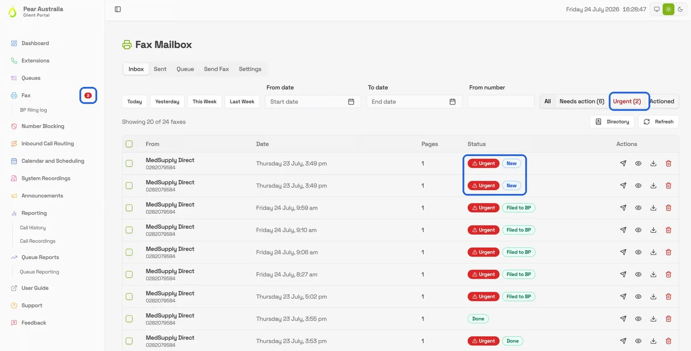 The X-Fax mailbox filtered to Urgent — flagged faxes pinned with a live count
